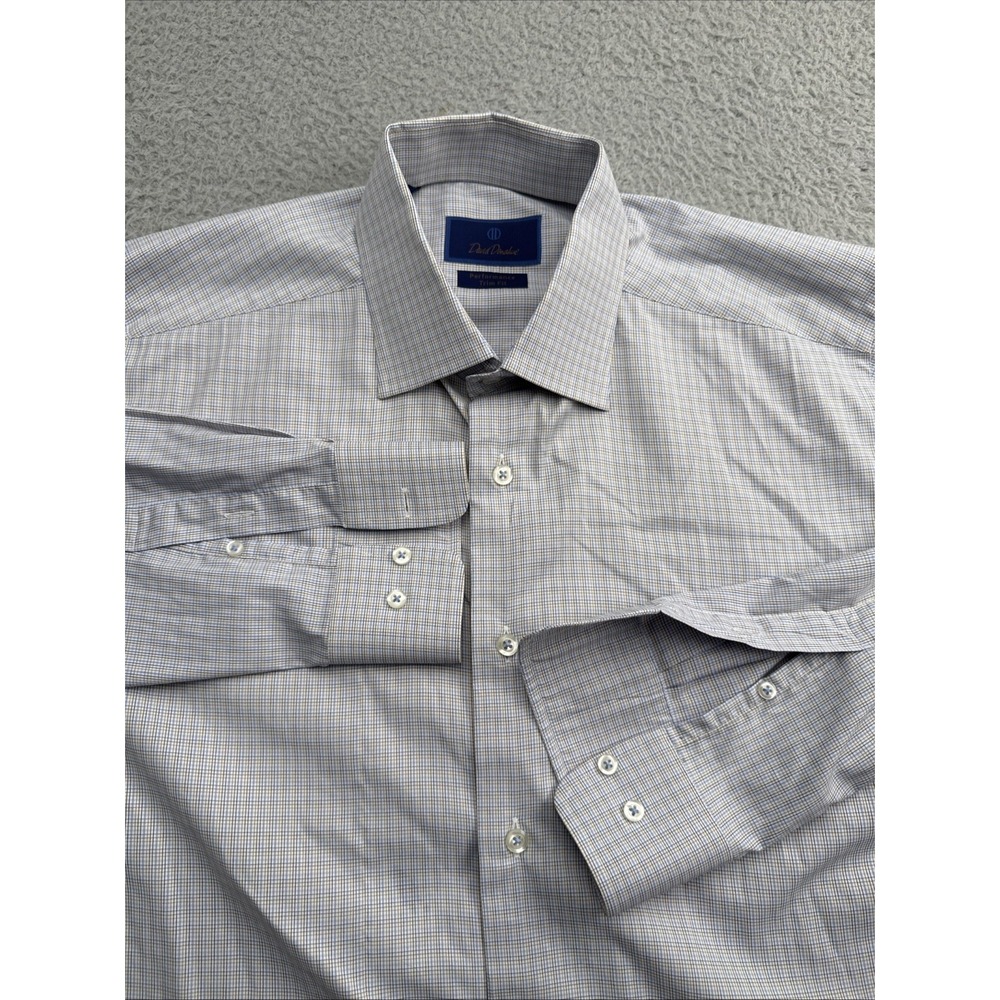 David Donahue Dress Shirt Mens 16.5 34/35 White Check Performance Trim Fit L/S